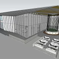 Modern Sales Office Building With Sloped Roof Vertical Glass Slats Circular Garden Outdoor Seating