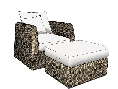 Stylish Wicker Outdoor Sofa With Ottoman And White Comfortable Cushions 3d model