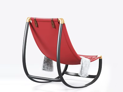 Red Leather Lounge Chair With Black Frame Golden Armrests And Fur Trim 3d model