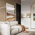 Modern Apartment Living Room With Beige Sofa Area Rug Decorative Artworks And Floor Lamp