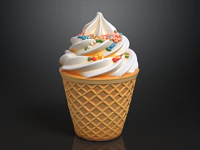 Delicious Ice Cream Cone In Waffle Cup With Whipped Cream And Colorful Sprinkles 3d model