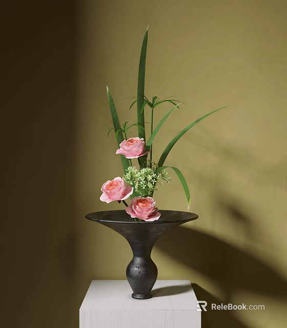 Elegant Decorative Ornament Set With Black Vase Pink Roses And Green Leaves On Beige Background 3d model 