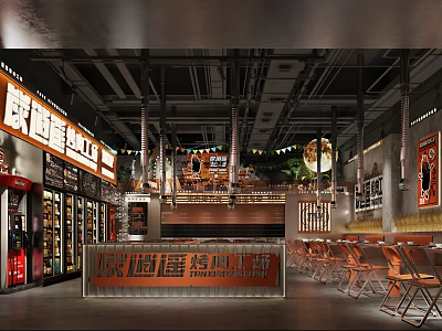 Industrial Style Barbecue Restaurant With Metal Tables Chairs And Neon Signage 3d model