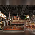 Industrial Style Barbecue Restaurant With Metal Tables Chairs And Neon Signage