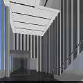 Modern Elevator Lobby Design With Escalator White Walls Black Marble Flooring And Large Windows