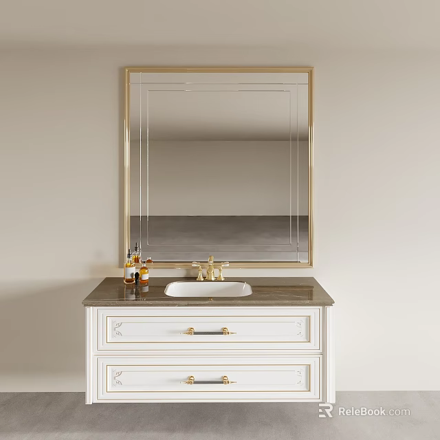 Elegant Bathroom Set With White Vanity Marble Countertop Gold Faucet And Gold Framed Mirror 3d model 
