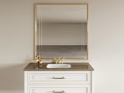 Elegant Bathroom Set With White Vanity Marble Countertop Gold Faucet And Gold Framed Mirror 3d model