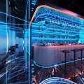 Modern Bar Interior With Blue Neon Lights Circular Decor And Bar Chairs