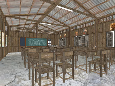 Spacious School Classroom With Wooden Structure Blackboard Desks Chairs And Ceiling Lights 3d model
