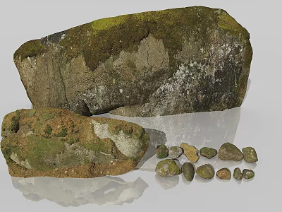 Natural Stone and Wood Decorative Elements Featuring Moss Covered Rocks and Small Pebbles 3d model