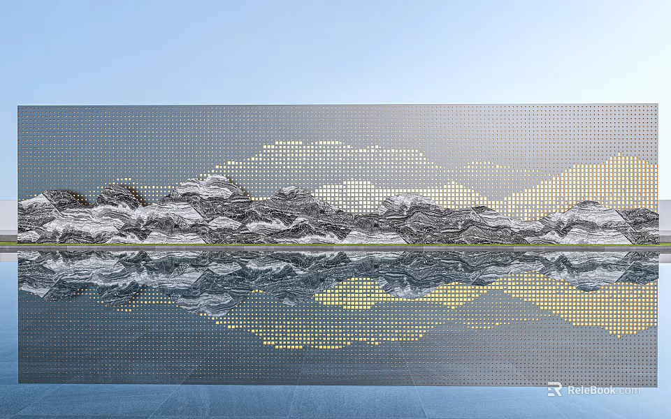Landscape Feature Wall with Mountain Water Design and Reflection on Calm Water under Blue Sky 3d model 