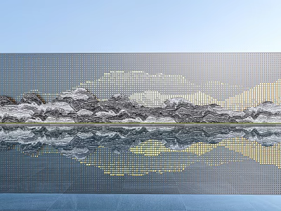 Landscape Feature Wall with Mountain Water Design and Reflection on Calm Water under Blue Sky 3d model
