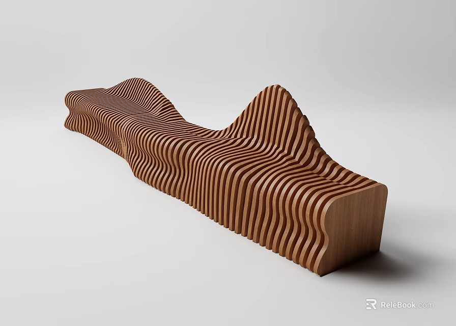 Outdoor Wooden Chair With Sculptural Wavy Striped Design For Garden Patio 3d model 