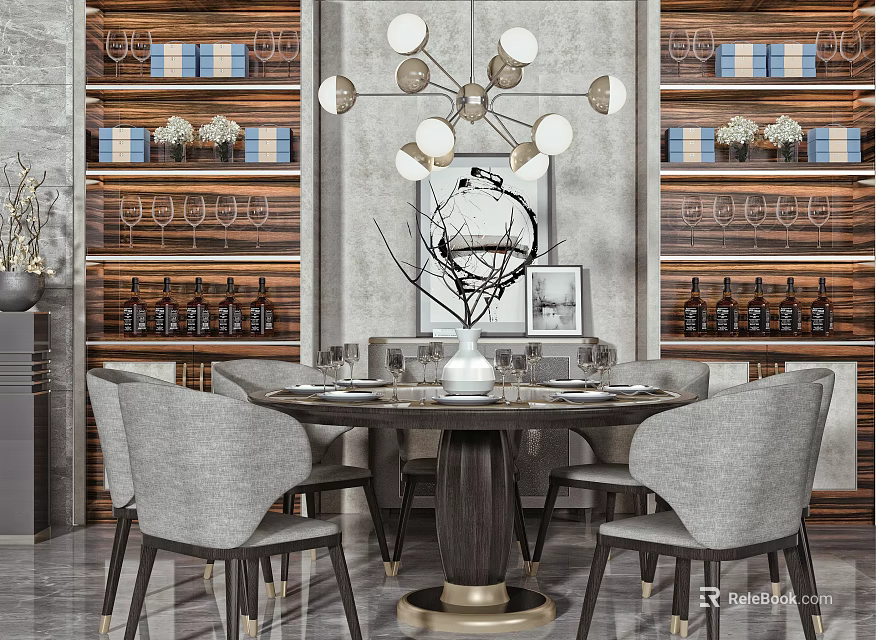 Modern Dining Table Set With Grey Chairs Round Table Chandelier Wine Racks And Vase 3d model 