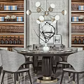 Modern Dining Table Set With Grey Chairs Round Table Chandelier Wine Racks And Vase