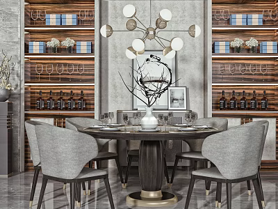 Modern Dining Table Set With Grey Chairs Round Table Chandelier Wine Racks And Vase 3d model