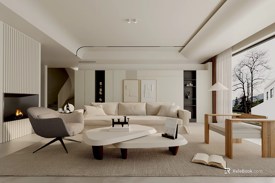 Modern Living Room Interior With Beige Sofa White Coffee Table Grey Armchair And Fireplace 3d model 