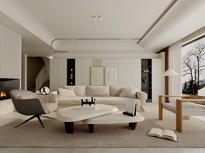 Modern Living Room Interior With Beige Sofa White Coffee Table Grey Armchair And Fireplace 3d model