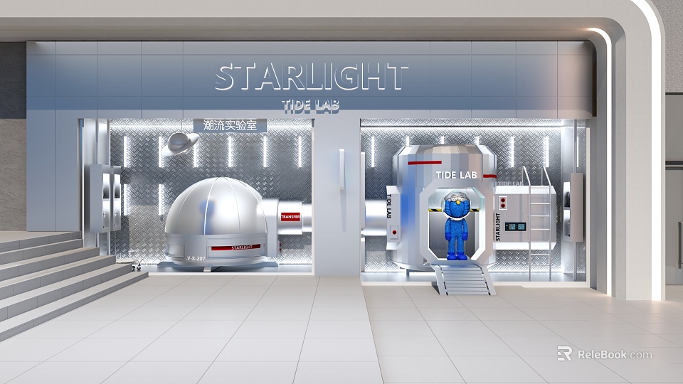 Starlight Wide Lab Modern Tech Storefront Featuring Silver Sphere And Blue Figure 3d model 