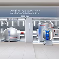 Starlight Wide Lab Modern Tech Storefront Featuring Silver Sphere And Blue Figure
