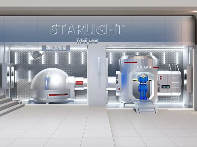 Starlight Wide Lab Modern Tech Storefront Featuring Silver Sphere And Blue Figure 3d model