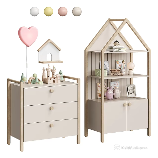 Light Wood Entryway Cabinet And Side Cabinet With Beige Drawers Shelves Toys And Photo Frames 3d model 