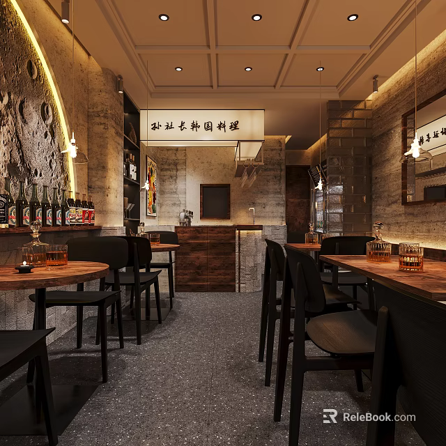 Stylish Industrial Korean Cuisine Restaurant Interior With Warm Ambient Lighting And Comfortable Dining Seats 3d model 