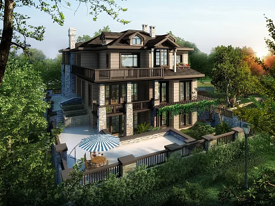 Detached Villa Surrounded by Lush Greenery With Balconies Large Windows and Patio 3d model