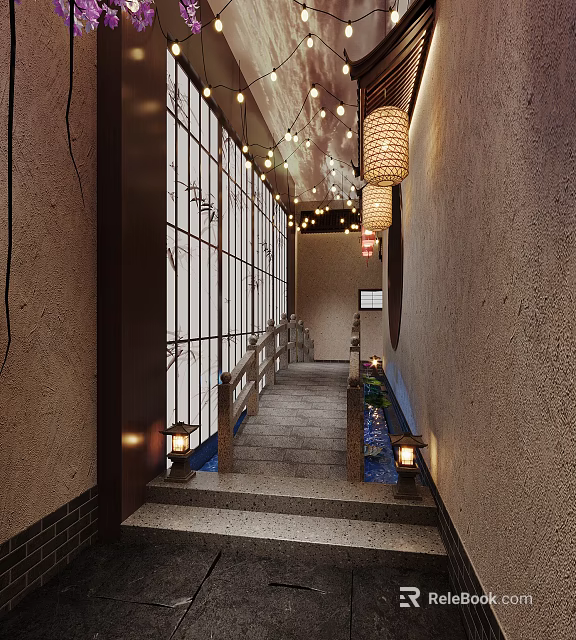 Japanese Style Corridor With Bamboo Screens Lanterns Stone Steps And Water Feature 3d model 