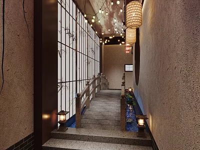 Japanese Style Corridor With Bamboo Screens Lanterns Stone Steps And Water Feature 3d model