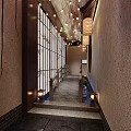 Japanese Style Corridor With Bamboo Screens Lanterns Stone Steps And Water Feature