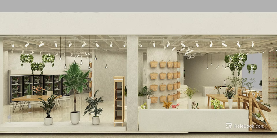 Natural Interior Space With Potted Plants Woven Baskets And Pendant Lights 3d model 