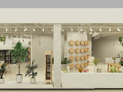 Natural Interior Space With Potted Plants Woven Baskets And Pendant Lights 3d model