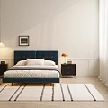 Blue Tufted Double Bed With Nightstands Table Lamps Area Rug And White Wall Art