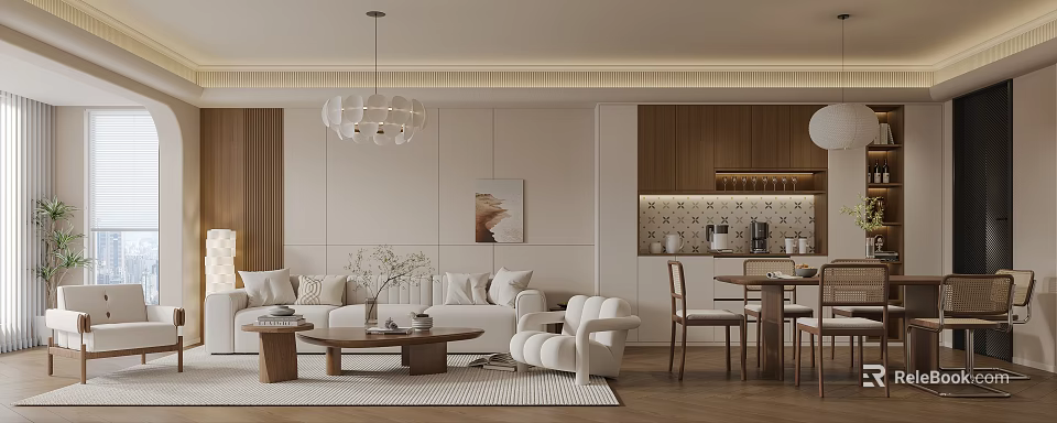 Modern Living And Dining Space With Fabric Sofa Coffee Table Dining Set And Wooden Floors 3d model 