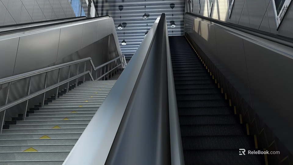 Modern Station Interior With Escalator Staircase Metal Handrails And Lighting Design 3d model 