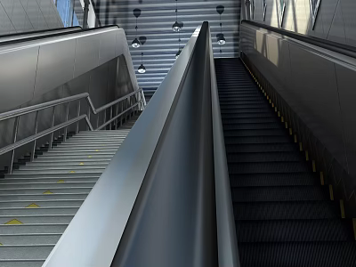Modern Station Interior With Escalator Staircase Metal Handrails And Lighting Design 3d model