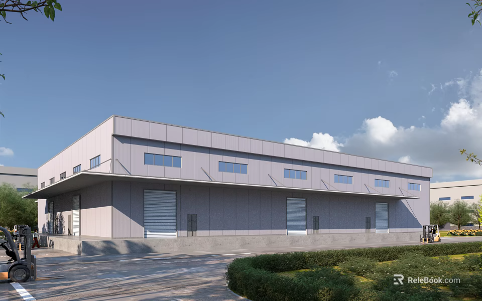 Modern Industrial Factory Building With Gray Exterior Multiple Windows Roller Doors And Green Landscaping 3d model 