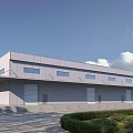 Modern Industrial Factory Building With Gray Exterior Multiple Windows Roller Doors And Green Landscaping