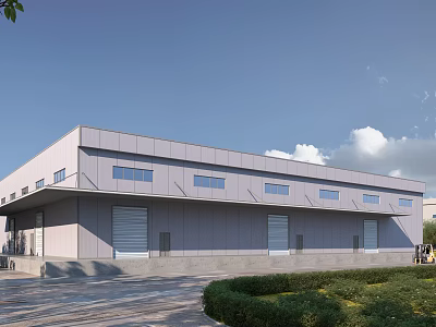 Modern Industrial Factory Building With Gray Exterior Multiple Windows Roller Doors And Green Landscaping 3d model