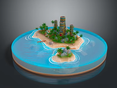 Tropical Island Landscape with Blue Water Palm Trees Stone Towers and Sandy Beach 3d model