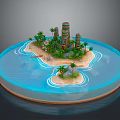 Tropical Island Landscape with Blue Water Palm Trees Stone Towers and Sandy Beach