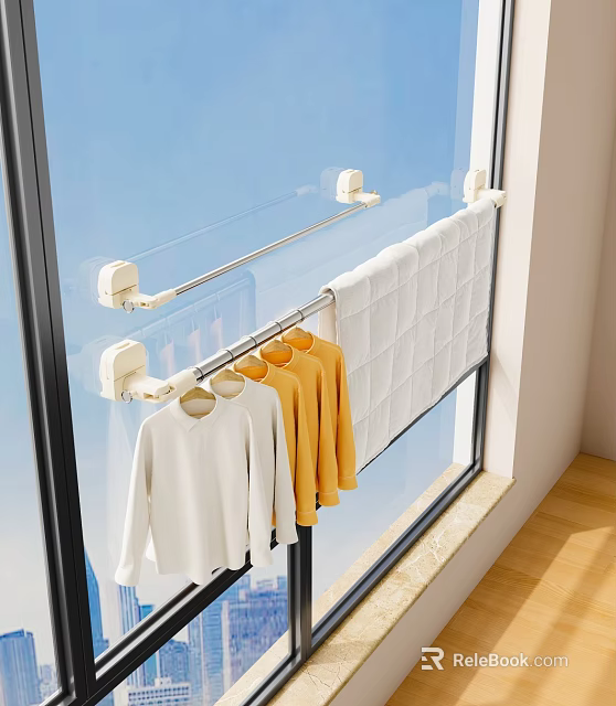 Window Mounted Clothes Drying Rack With Hanging Shirts Towel Metal Rod And Hooks 3d model 