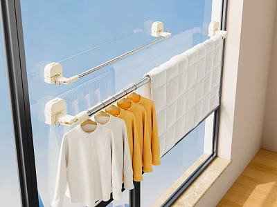 Window Mounted Clothes Drying Rack With Hanging Shirts Towel Metal Rod And Hooks 3d model