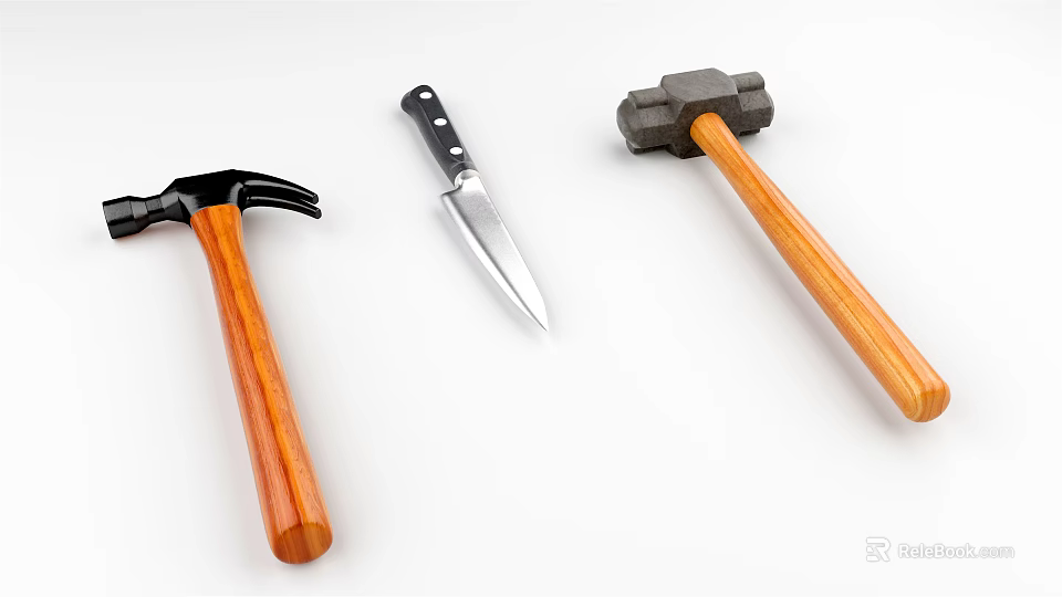 Essential Hardware Tools Set Including Claw Hammer Knife And Ball Peen Hammer With Wooden Handles 3d model 