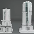 Cartoon Style Architectural Building Models With White And Gold Details And Various Shapes