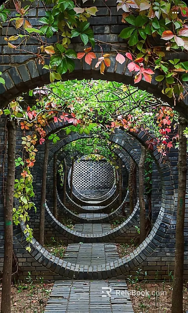 Chinese Style Scenic Wall With Lattice Arch Design Green Vines And Brick Structure 3d model 