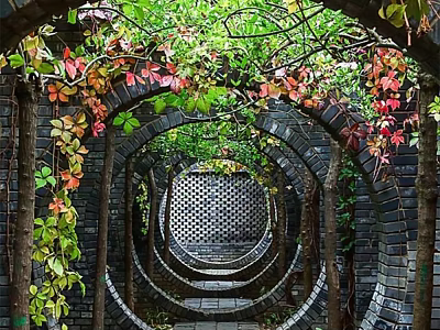 Chinese Style Scenic Wall With Lattice Arch Design Green Vines And Brick Structure 3d model