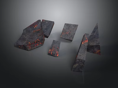 Natural Wood Stone Blocks With Black Surface And Red Lava Textures In Various Shapes 3d model