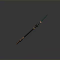 Green Fantasy Scythe Weapon With Golden Accents Black Handle And Glowing Translucent Blades